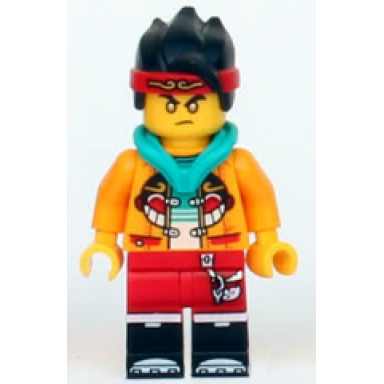 monkie kid - bright light orange open jacket with monkey head logo dark turquoise hood gold eyes
