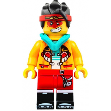 monkie kid - bright light orange open jacket with monkey head logo dark turquoise hood neutral angry with red face paint