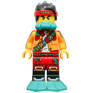 monkie kid - bright light orange open jacket with shoulder strap dark turquoise scuba breathing regulator and flippers frown