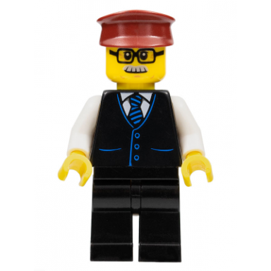 train driver - male black vest with blue striped tie black legs dark red hat glasses and moustache