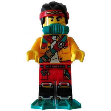 monkie kid - bright light orange open jacket with shoulder strap dark turquoise scuba breathing regulator and flippers open mouth