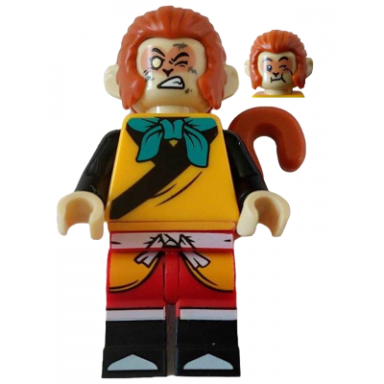 monkey king - bright light orange robe dark turquoise bandana closed left eye