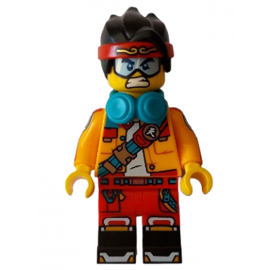monkie kid - bright light orange open jacket with shoulder strap dark turquoise headphones