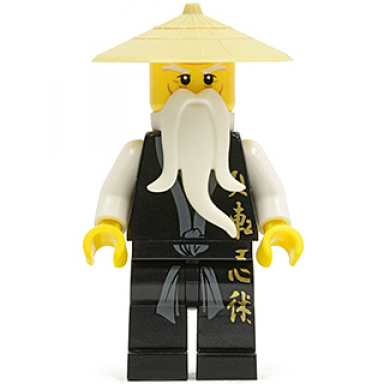 wu sensei - black kimono with gold symbols dark bluish gray sash tan asian hat white beard