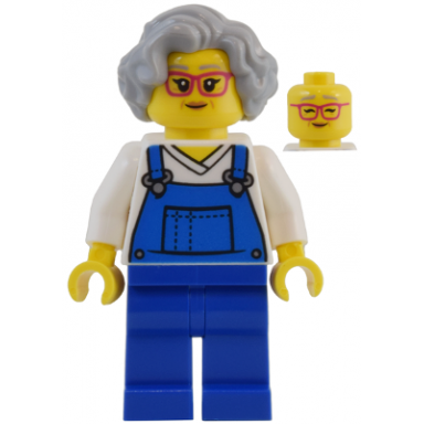 street vendor - female blue overalls over v-neck shirt blue legs light bluish gray hair glasses