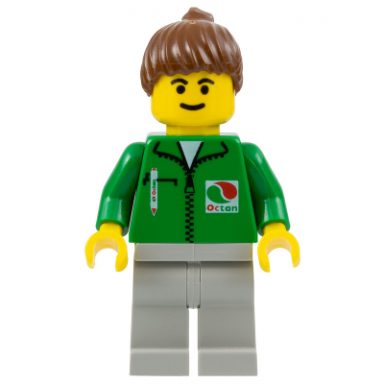 octan - green jacket with pen light gray legs brown ponytail hair