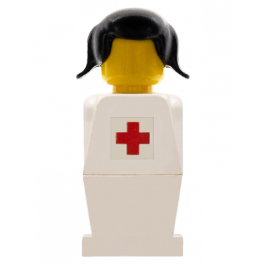 legoland - white torso white legs black pigtails hair red cross sticker