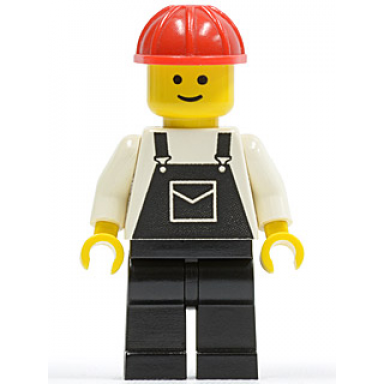 overalls black with pocket black legs red construction helmet