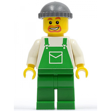 overalls green with pocket green legs dark bluish gray knit cap beard