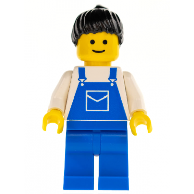 overalls blue with pocket blue legs black ponytail hair