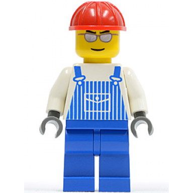 overalls striped blue with pocket blue legs red construction helmet silver glasses and eyebrows