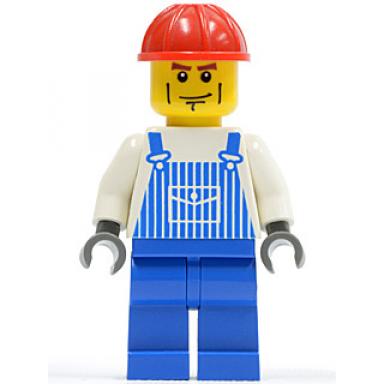 overalls striped blue with pocket blue legs red construction helmet cheek lines dark bluish gray hands