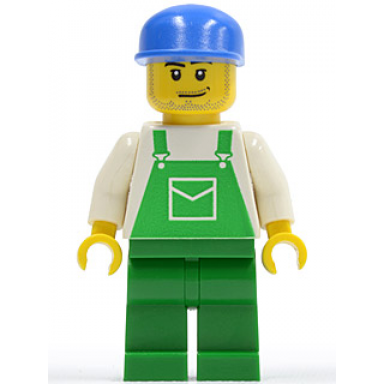overalls green with pocket green legs blue cap with long flat bill smirk and stubble beard