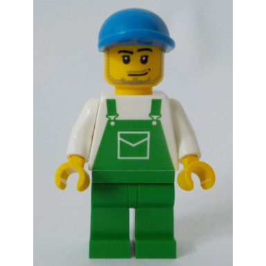 overalls green with pocket green legs blue cap with short curved bill smirk and stubble beard