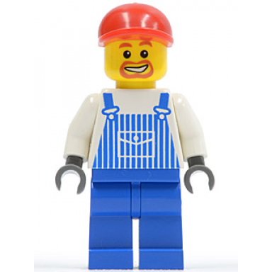 overalls striped blue with pocket blue legs red short bill cap beard around mouth