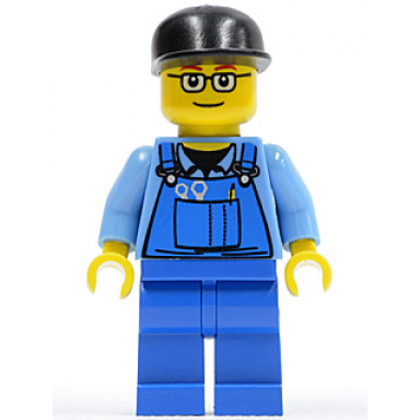 overalls with tools in pocket blue black cap glasses