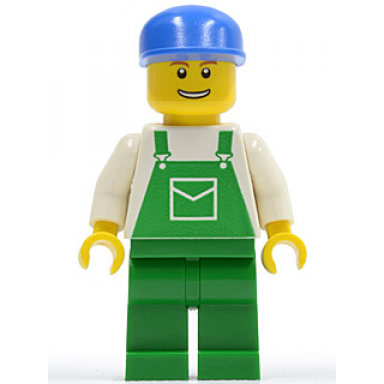 overalls green with pocket green legs blue cap thin grin with teeth