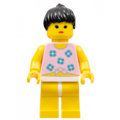 blue flowers - yellow legs black ponytail hair