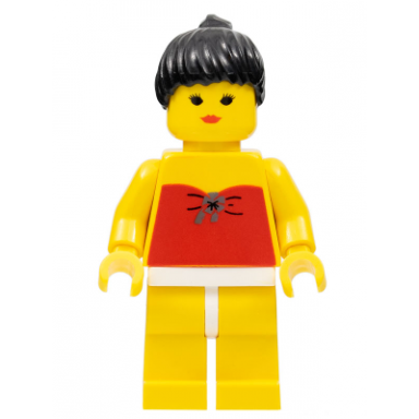 red halter top - yellow legs black ponytail hair closed mouth