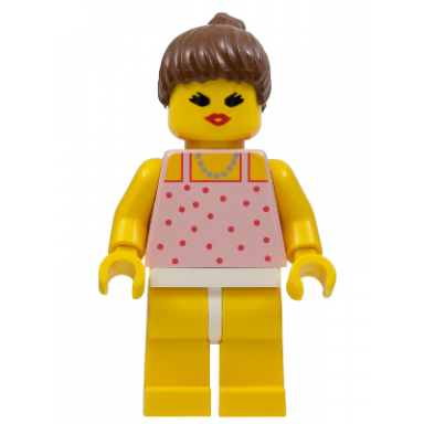 red dots on pink shirt - yellow legs brown ponytail hair open mouth