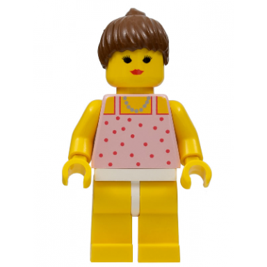 red dots on pink shirt - yellow legs brown ponytail hair closed mouth