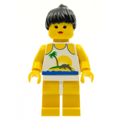 island with palm and sun - yellow legs black ponytail hair