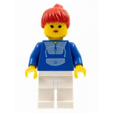 jogging suit - white legs red ponytail hair