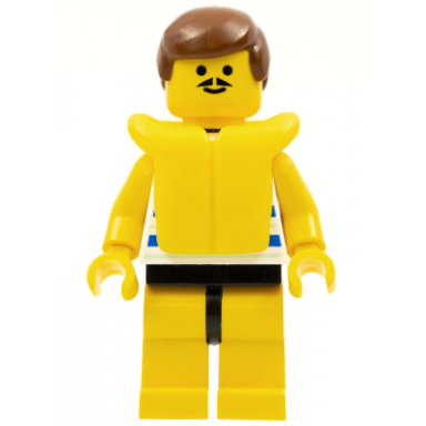 horizontal blue and light green stripes yellow legs brown male hair life jacket