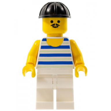 horizontal blue and light green stripes white legs black construction helmet