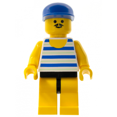 horizontal blue and light green stripes yellow legs blue cap