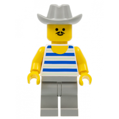 horizontal blue and light green stripes light gray legs light gray cowboy hat