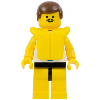 surfboard on ocean - yellow legs brown male hair life jacket