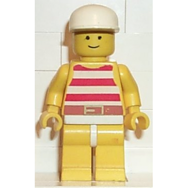 red white stripes shirt yellow legs white cap