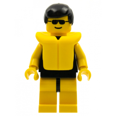 plain black torso with yellow arms yellow legs sunglasses black male hair life jacket