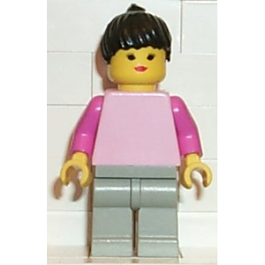 plain pink torso with dark pink arms light gray legs black ponytail hair