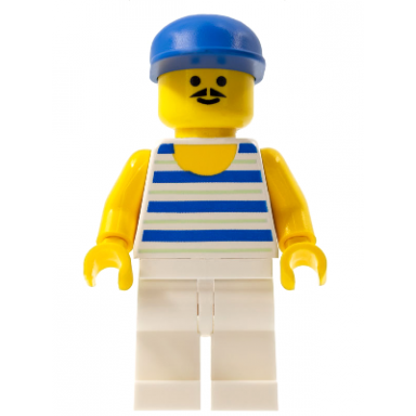 horizontal blue and light green stripes white legs blue cap