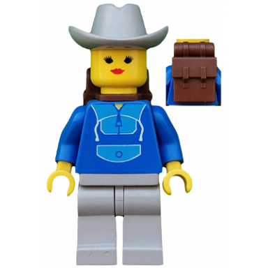 jogging suit light gray legs light gray cowboy hat backpack