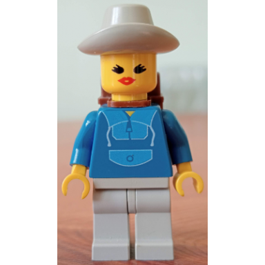 jogging suit light gray legs light gray cowboy hat backpack open mouth