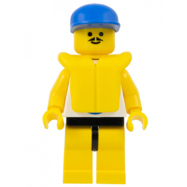 surfboard on ocean - yellow legs blue cap life jacket