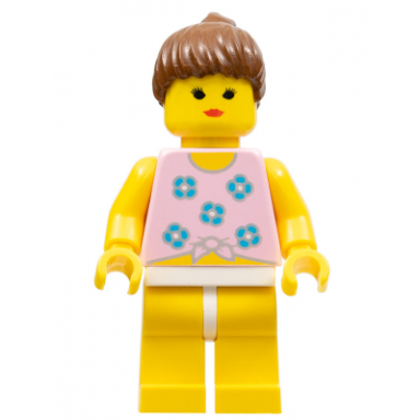 blue flowers - yellow legs brown ponytail hair