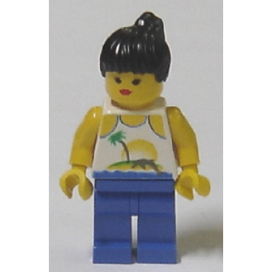 island with palm and sun - blue legs black ponytail hair