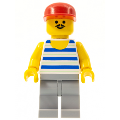 horizontal blue and light green stripes light bluish gray legs red cap