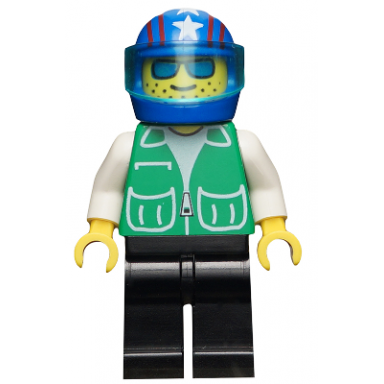 jacket green with 2 large pockets - black legs blue helmet 4 stars stripes trans-light blue visor