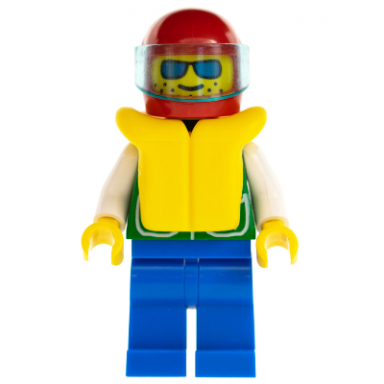 jacket green with 2 large pockets - blue legs sunglasses red helmet trans-light blue visor life jacket