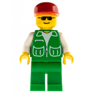 jacket green with 2 large pockets - green legs red cap black sunglasses