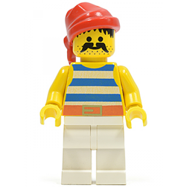 pirate blue white stripes shirt white legs red bandana belt with gold buckle