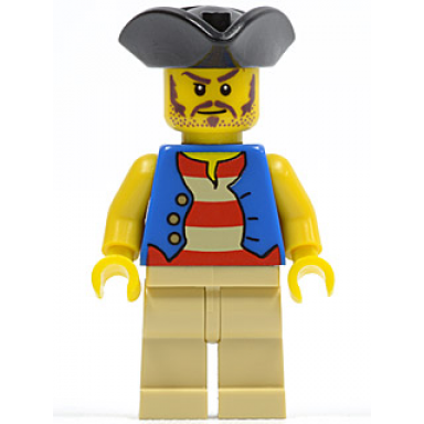 pirate blue vest tan legs black pirate triangle hat long brown moustache