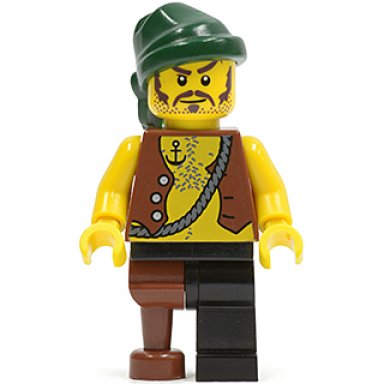 pirate vest and anchor tattoo black leg and peg leg dark green bandana brown moustache