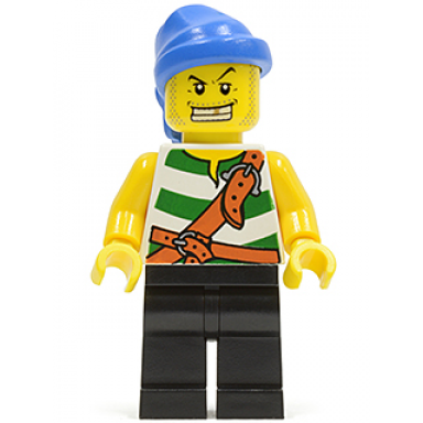 pirate green white stripes black legs blue bandana white teeth with gold tooth