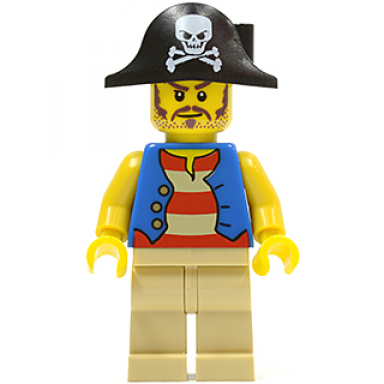 pirate blue vest tan legs bicorne hat with skull long brown moustache